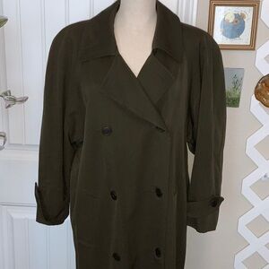 Perry Ellis Wool Double Breasted Trench Coat Full Long Length Olive Vintage